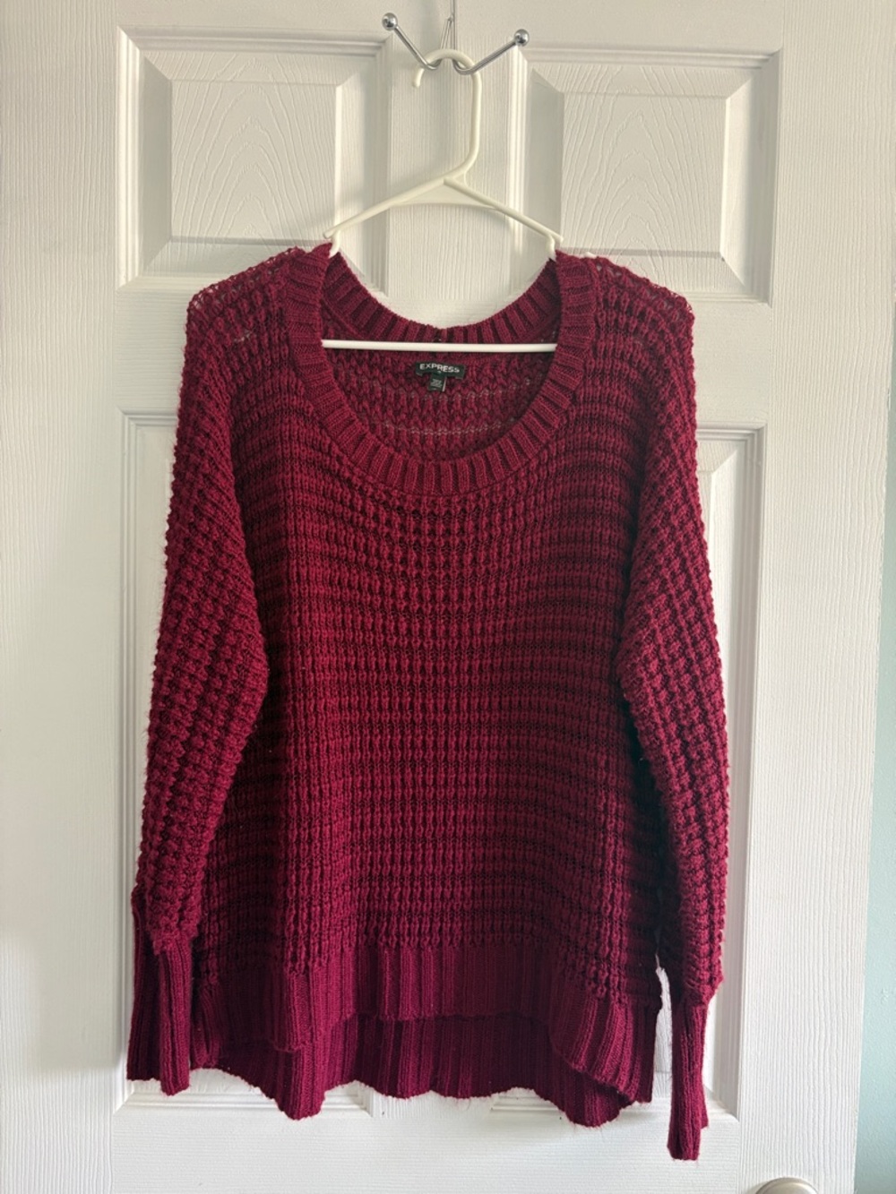 Express Maroon Waffle-Knit Crewneck Sweater